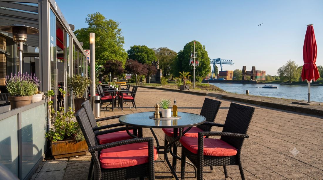 Gedeckter Tisch mit roten Polstern an der Rheinpromenade