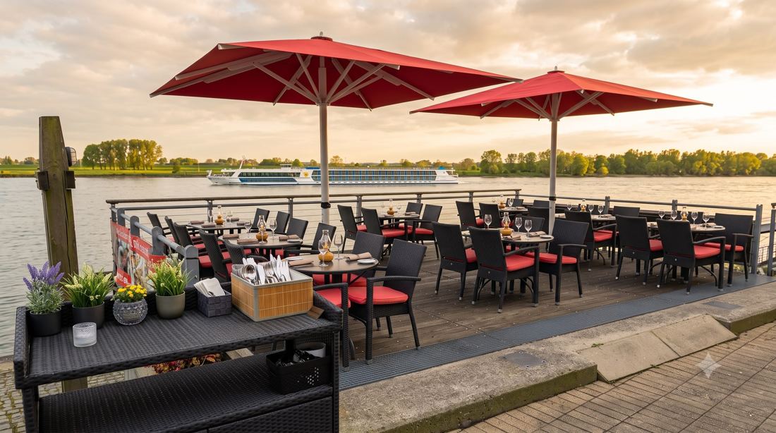 Terrasse mit roten Sonnenschirmen direkt am Rhein, im Hintergrund ein Flusskreuzfahrtschiff