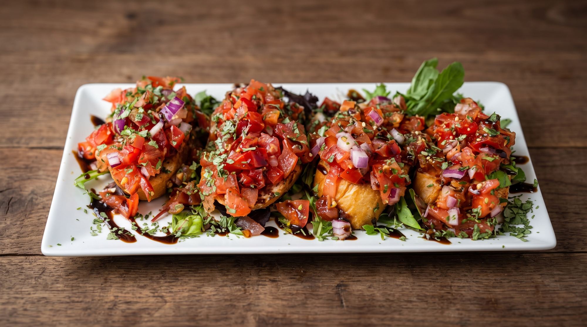 Bruschetta mit Tomaten, roten Zwiebeln und Balsamico
