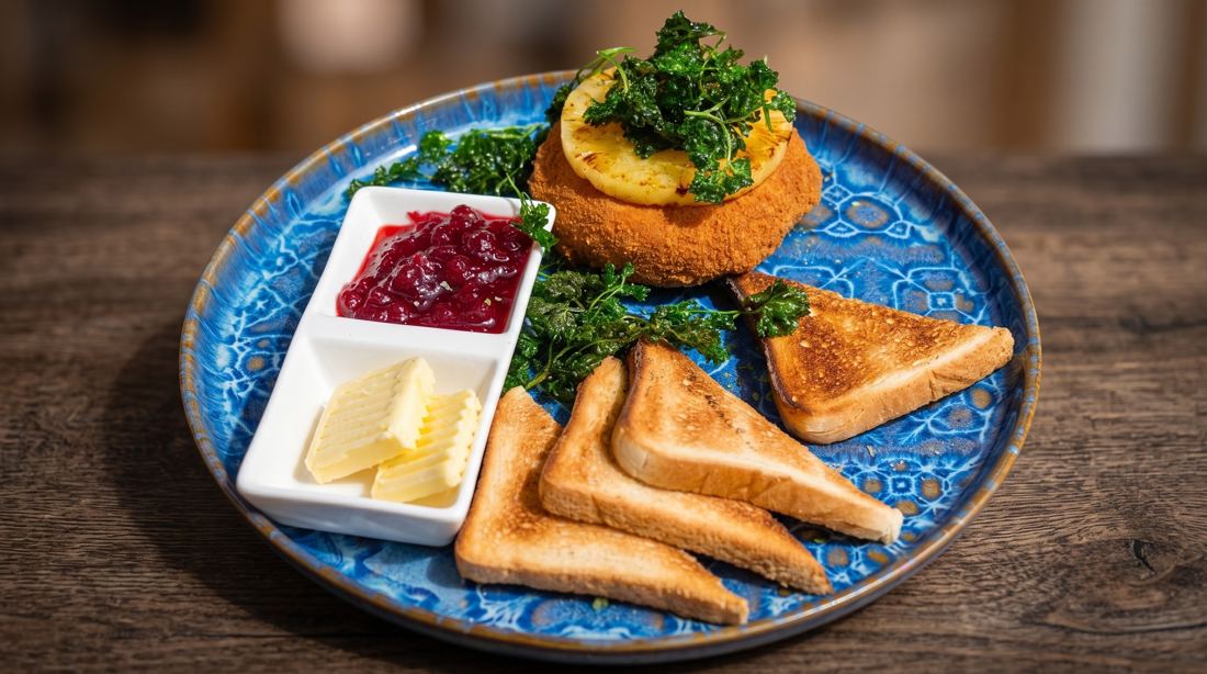 Gebackener Camembert mit Preiselbeeren, Ananas, frittierter Petersilie, Toast und Butter
