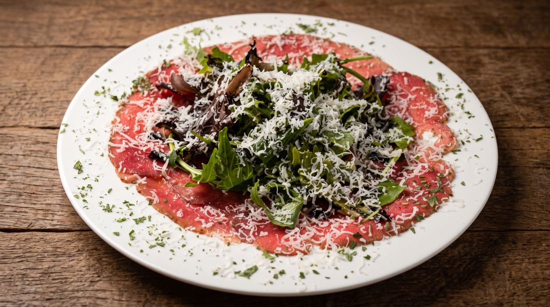 Carpaccio vom Rind mit Wildkräuter-Salat und gehobeltem Parmesan