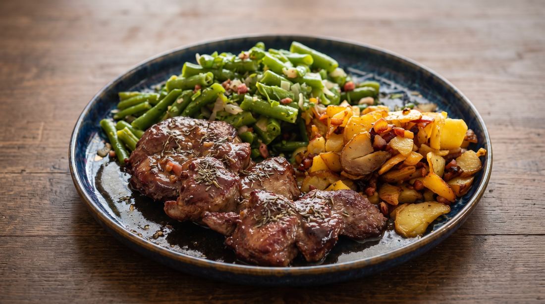 Lammsteak mit Speckbohnen und Bratkartoffeln
