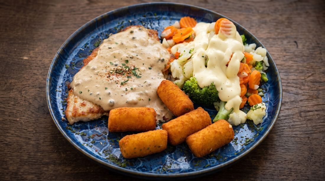 Putensteak in Pfeffersauce mit Kroketten und Gemüse mit Sauce Hollandaise