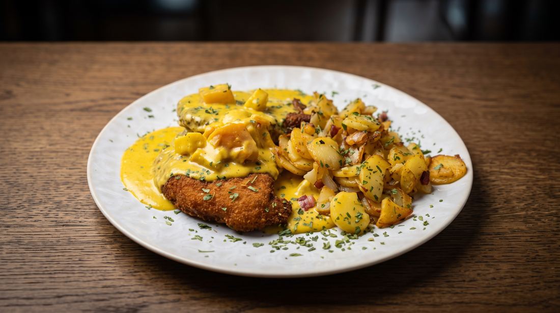Schnitzel mit Frucht-Currysauce und Bratkartoffeln