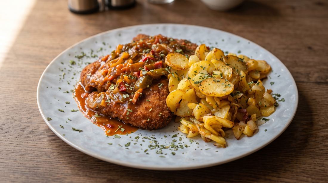 Schnitzel Paprika Art mit Bratkartoffeln