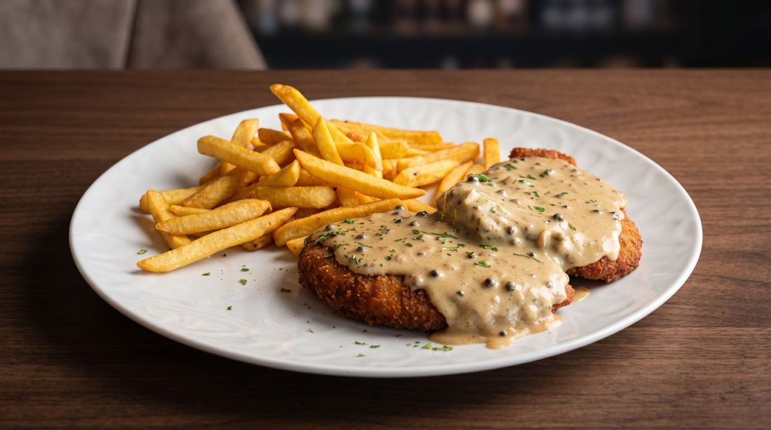 Schnitzel mit Pfefferrahmsauce und Pommes frites