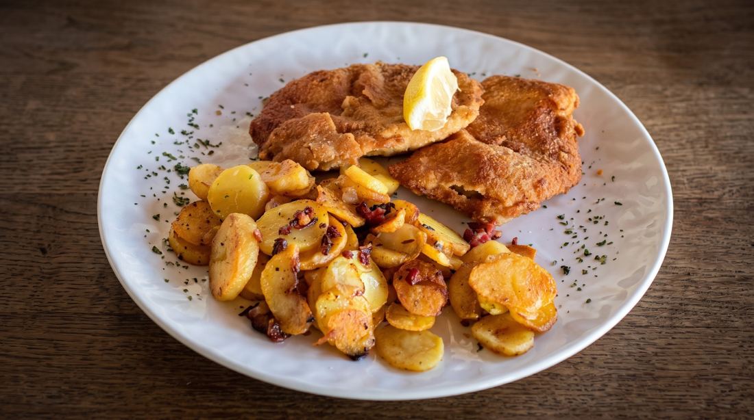 Schnitzel Wiener Art mit Zitrone und Bratkartoffeln